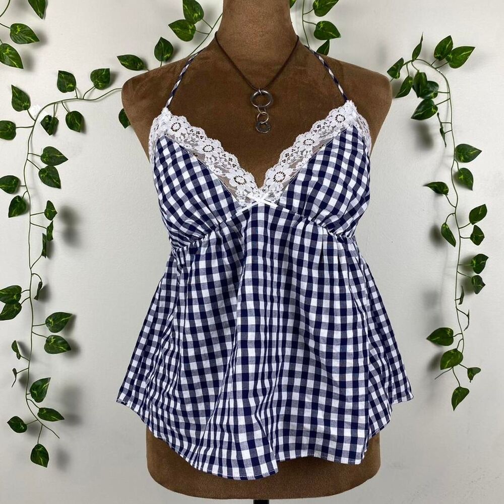 Nia white & blue gingham halter top lace trim v-neck babydoll navy cottage fairy